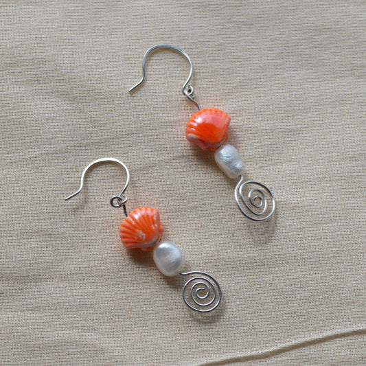 Orange Sea Shell and Freshwater Pearl Dangle Earrings