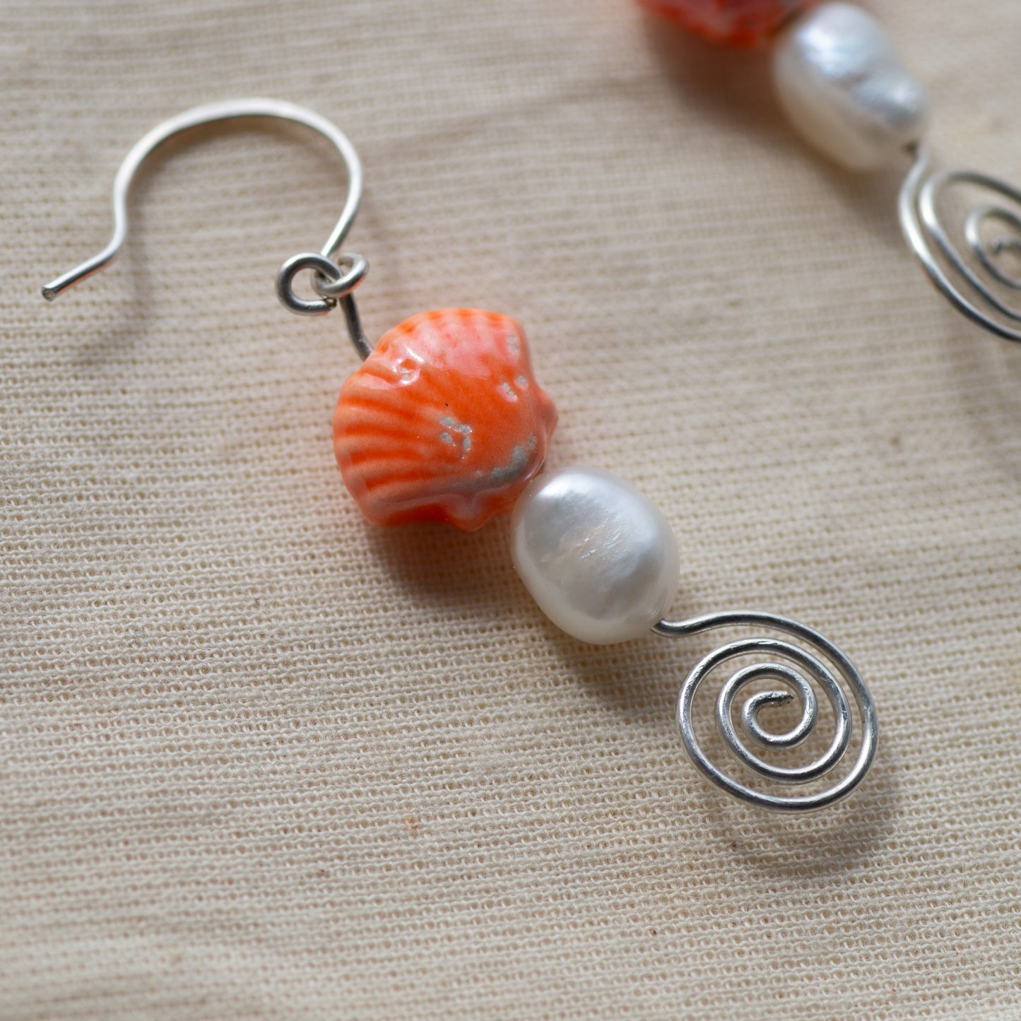 Orange Sea Shell and Freshwater Pearl Dangle Earrings