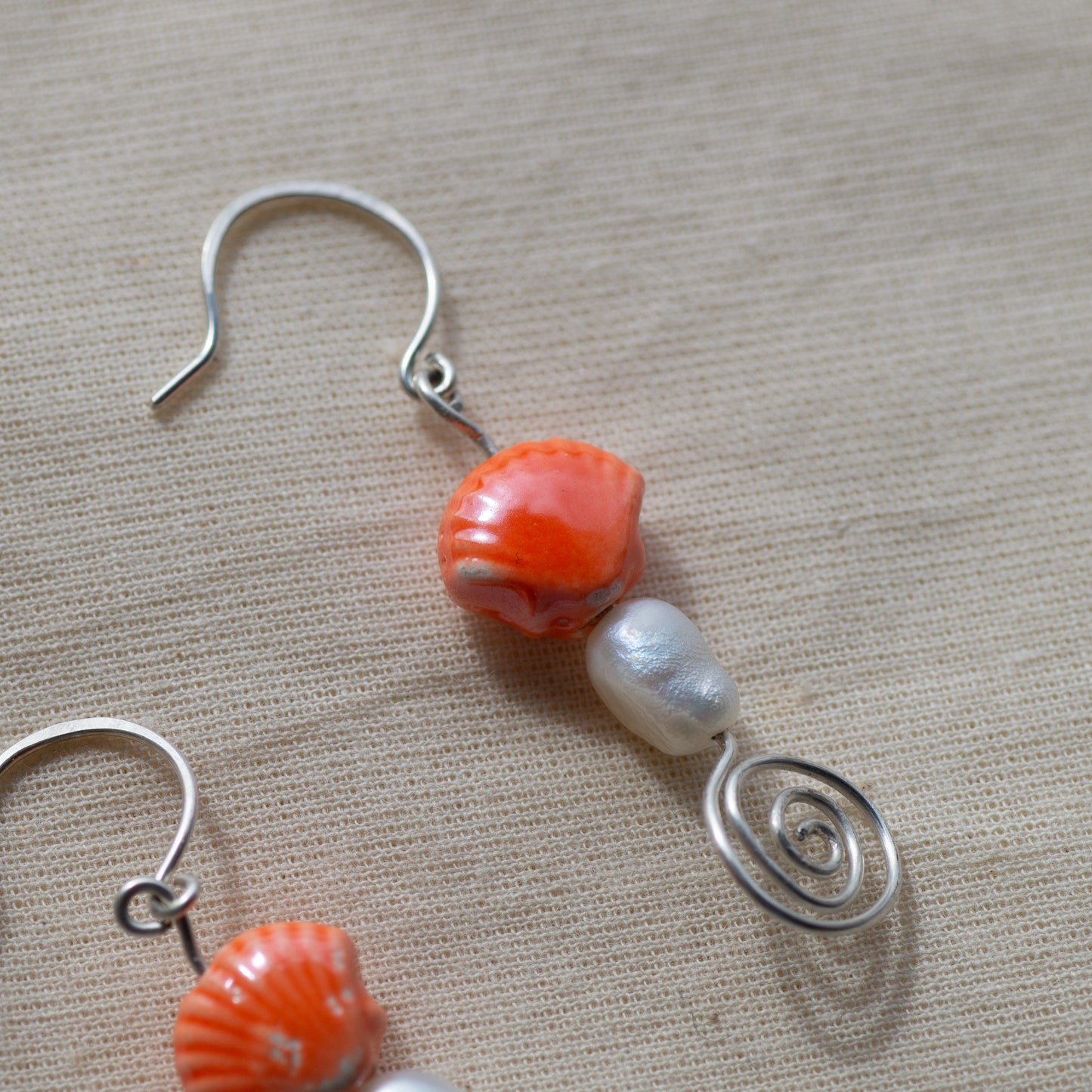 Orange Sea Shell and Freshwater Pearl Dangle Earrings