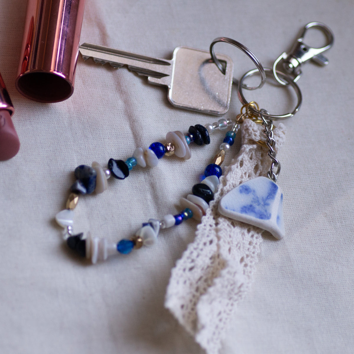 Blue Floral Pottery Bag Charm