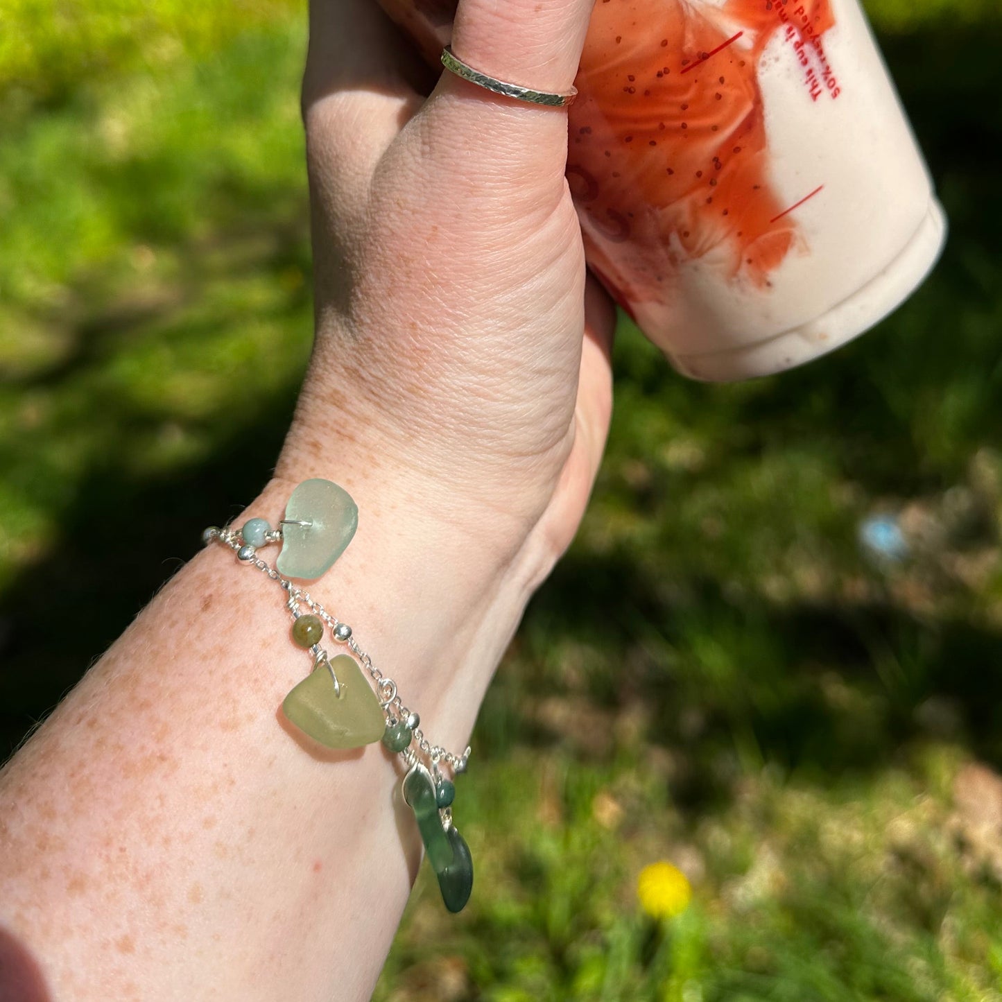Sea Glass and Indian Agate Charm Bracelet